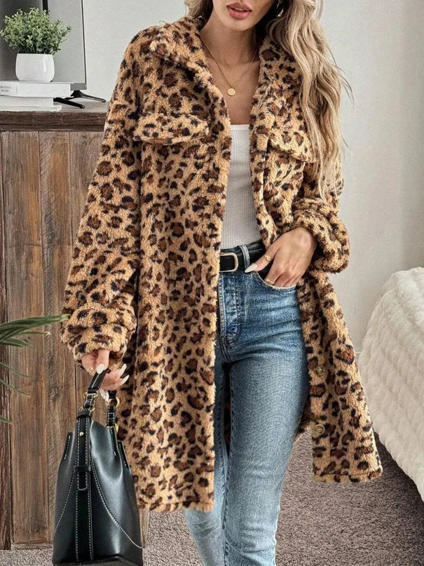 Leopard Button Up Long Sleeve Fuzzy Coat - ShopEasier