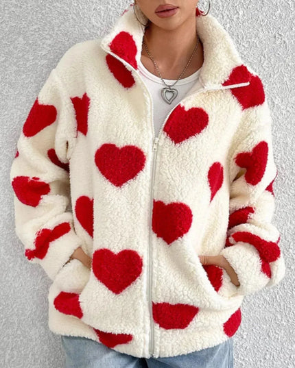 Heart Zip Up Drop Shoulder Furry Jacket - ShopEasier