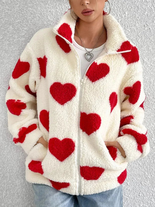 Heart Zip Up Drop Shoulder Furry Jacket - ShopEasier