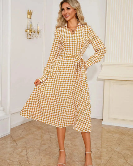 Tied Houndstooth Long Sleeve Midi Dress