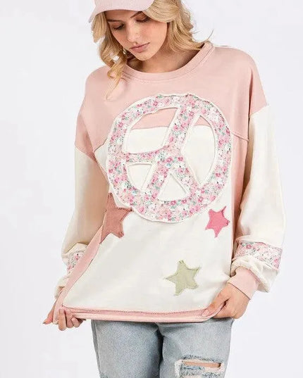 Peace & Star Patch Contrast Round Neck Casual Sweatshirt