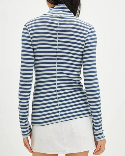 Striped Turtleneck Long Sleeve Tee with Exposed Seams