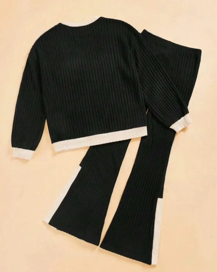 Contrast Round Neck Long Sleeve Top and Bootcut Pants Set