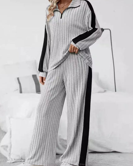 Plus Size Half Zip Long Sleeve Top and Pants Set