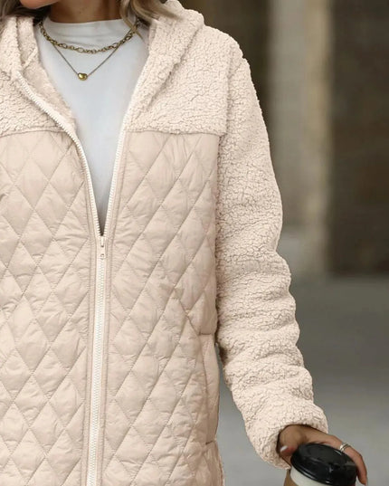 Textured Hooded Zip-Up Coat with Long Sleeves