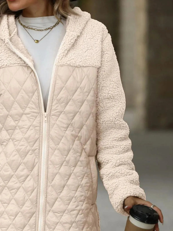 Textured Hooded Zip-Up Coat with Long Sleeves