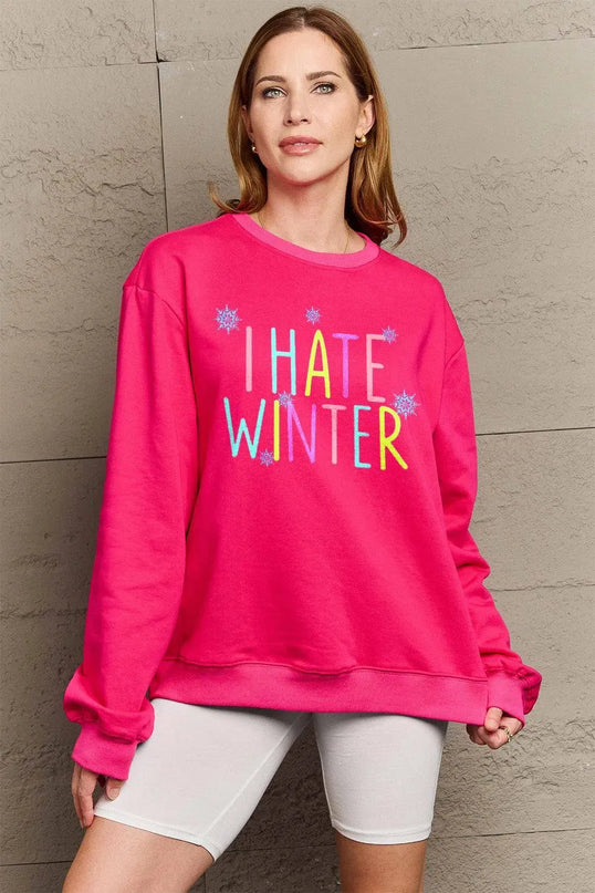 Simply Love Full Size I HATE WINTER Dropped Shoulder Sweatshirt - ShopEasier