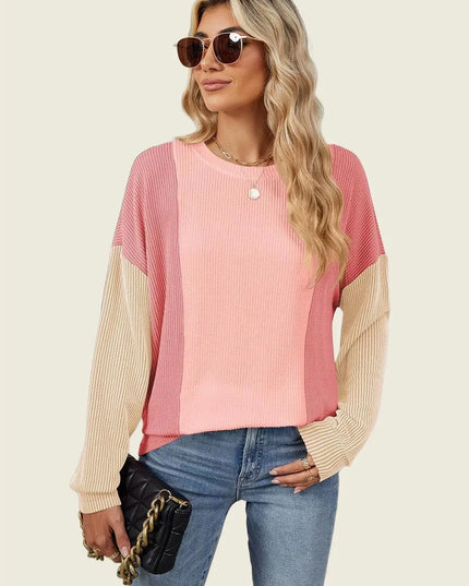 Textured Contrast Long Sleeve Round Neck Tee