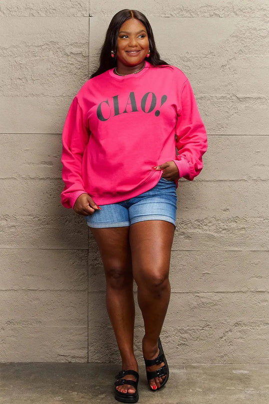 Simply Love Full Size CIAO！Round Neck Sweatshirt - ShopEasier