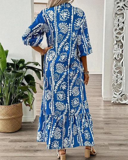 Printed Notched Half Sleeve Maxi Dress