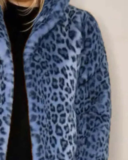 Full Size Leopard Furry Collared Neck Long Sleeve Coat - ShopEasier