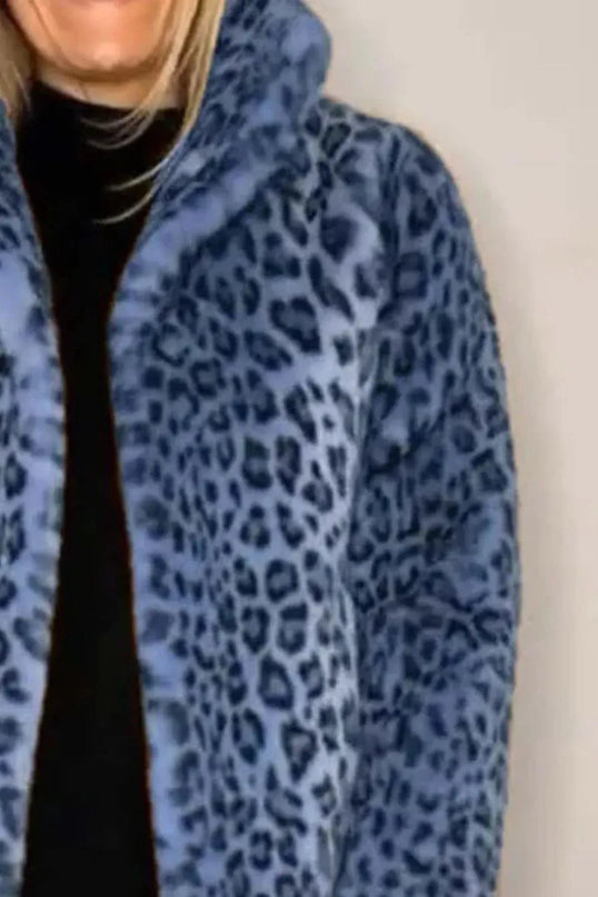 Full Size Leopard Furry Collared Neck Long Sleeve Coat - ShopEasier