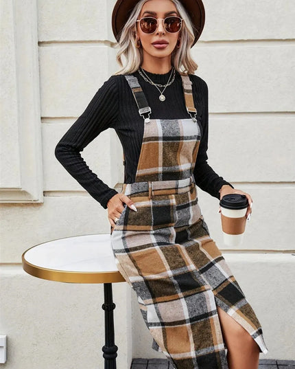 Slit Plaid Wide Strap Overall Dress - ShopEasier