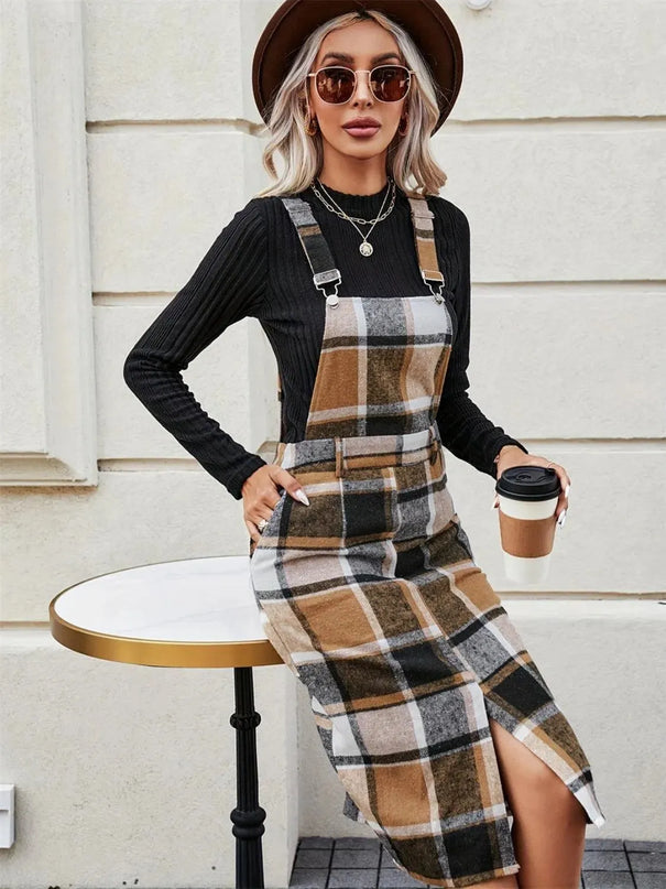 Slit Plaid Wide Strap Overall Dress - ShopEasier