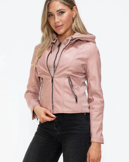 Snobbish Faux Leather Zip Up Drawstring Hooded Jacket - ShopEasier