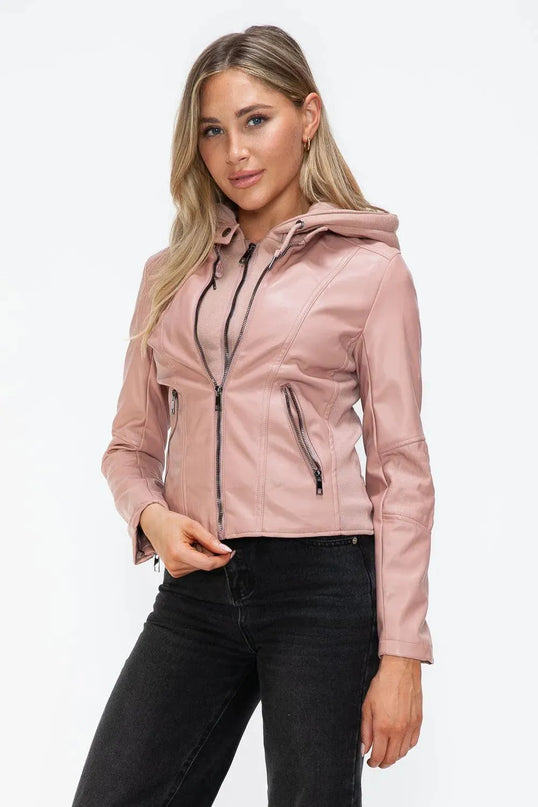 Snobbish Faux Leather Zip Up Drawstring Hooded Jacket - ShopEasier