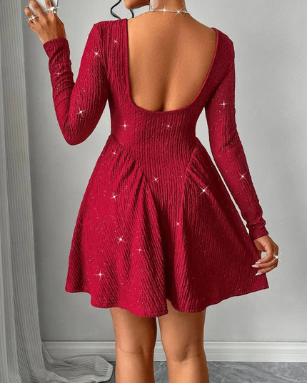 Backless Glitter Square Neck Long Sleeve Mini Dress