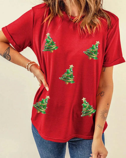 Sequin Christmas Tree Round Neck Short Sleeve T-Shirt - ShopEasier