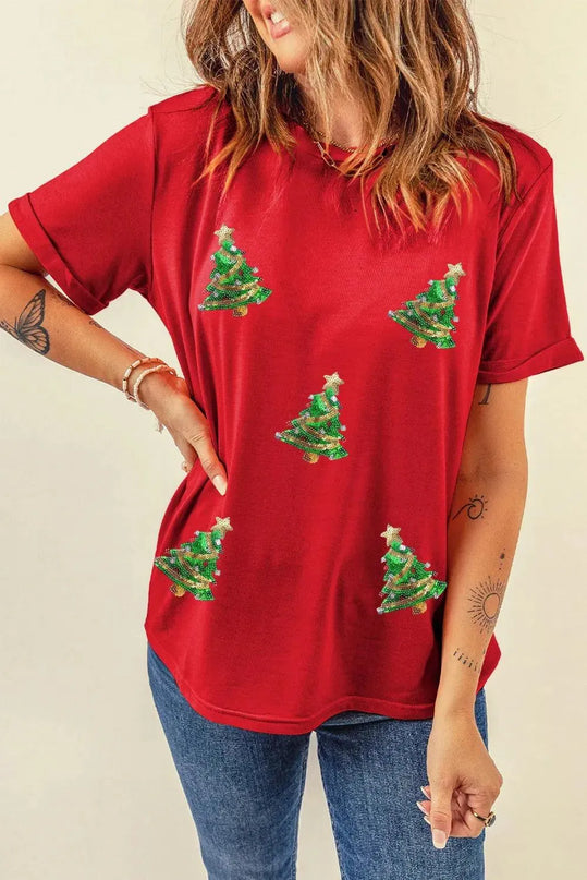 Sequin Christmas Tree Round Neck Short Sleeve T-Shirt - ShopEasier