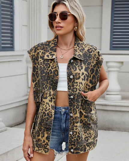 Leopard Buttton Up Denim Vest - ShopEasier