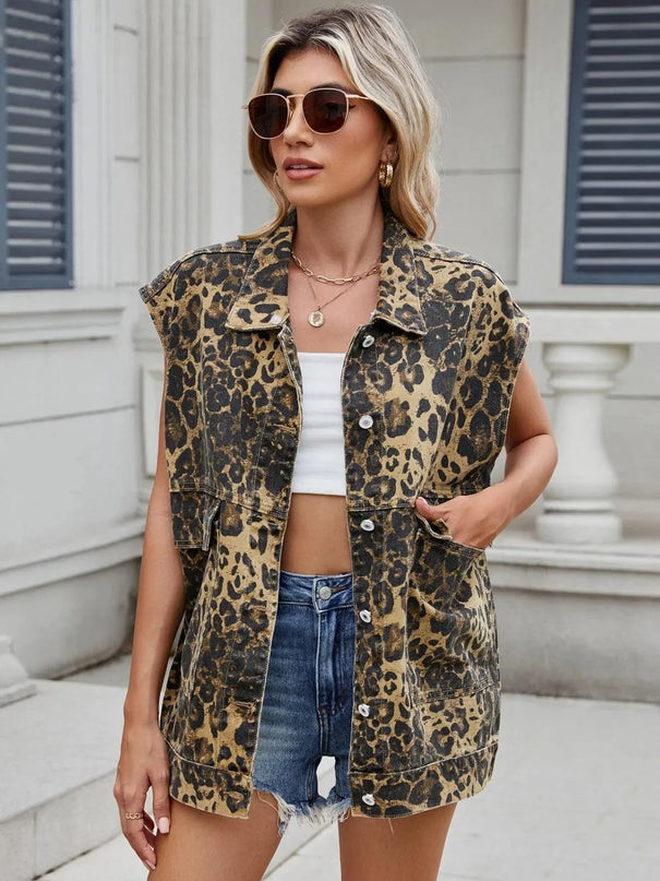 Leopard Buttton Up Denim Vest - ShopEasier