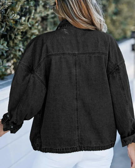 Drawstring Snap Down Denim Jacket with Chest Pockets - ShopEasier