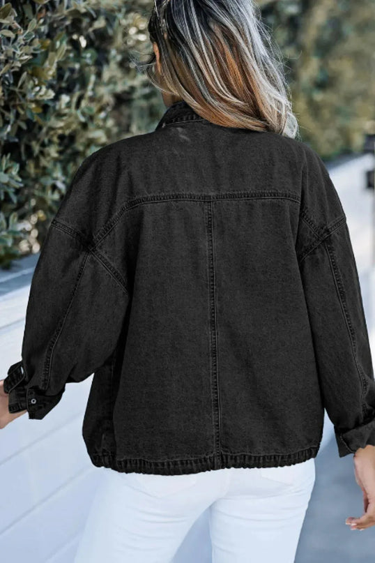 Drawstring Snap Down Denim Jacket with Chest Pockets - ShopEasier