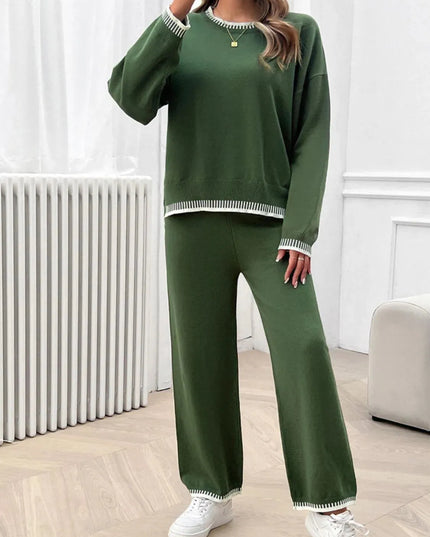 Chic Dropped Shoulder Sweater Set with Round Neck Top and Pants