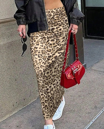 Honey Leopard Print Midi Skirt with Slit Detail