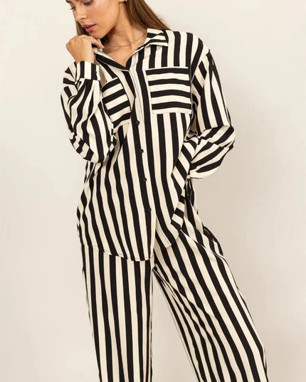 Chic Vertical Stripe Button-Up Shirt and Wide-Leg Pants Ensemble