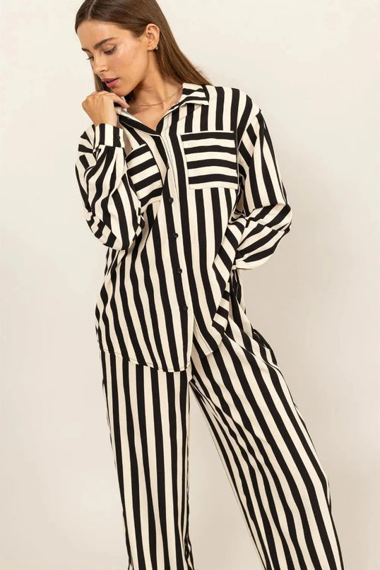 Chic Vertical Stripe Button-Up Shirt and Wide-Leg Pants Ensemble