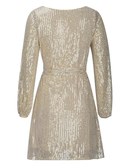 Sequin Tie Waist Long Sleeve Mini Dress