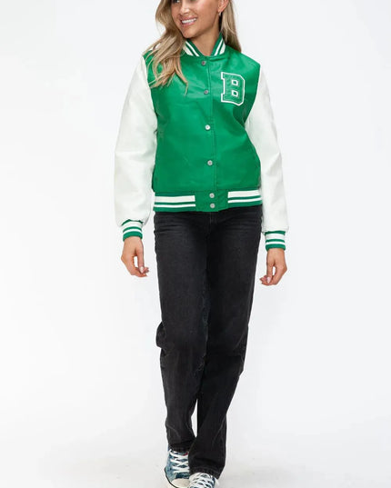 Love Me Now PU Leather Contrast Snap Down Bomber Jacket - ShopEasier