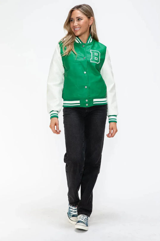 Love Me Now PU Leather Contrast Snap Down Bomber Jacket - ShopEasier