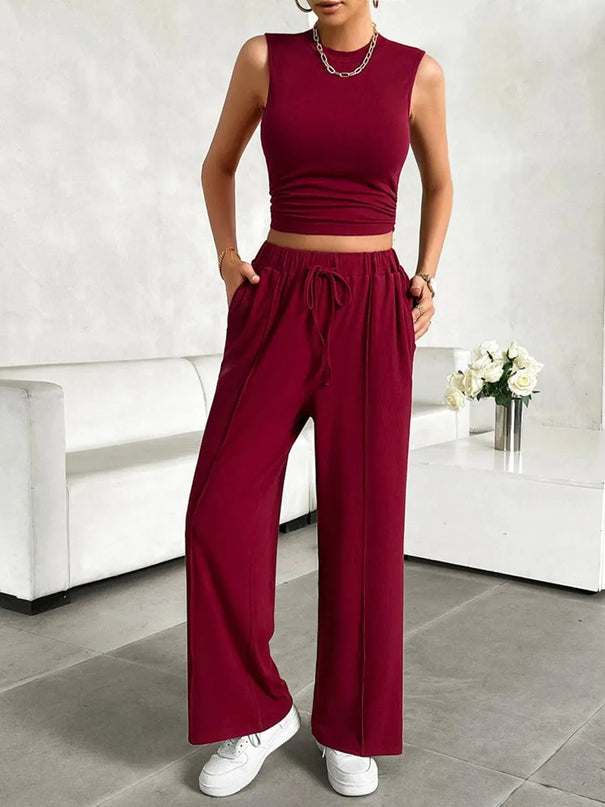 Devine Mock Neck Sleeveless Top and Drawstring Pants Set - ShopEasier