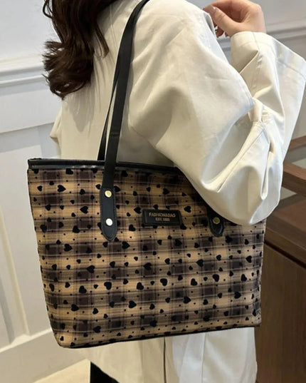 Heart Plaid PU Leather Strap Tote Bag