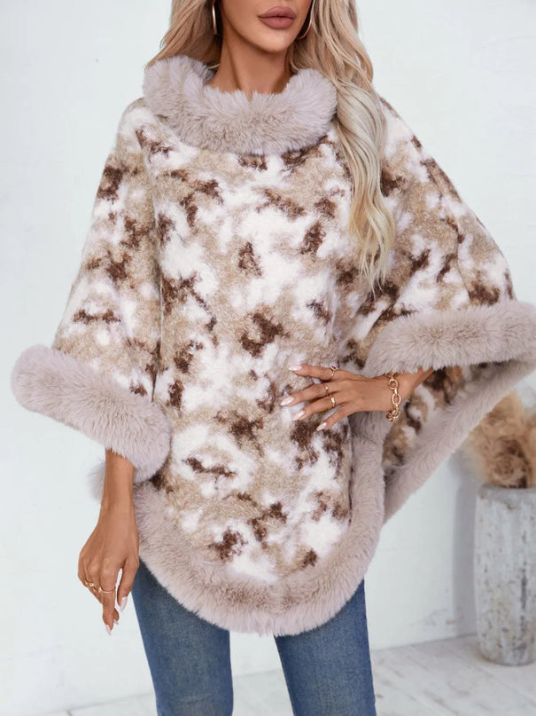 Furry Contrast Three-Quarter Poncho - ShopEasier