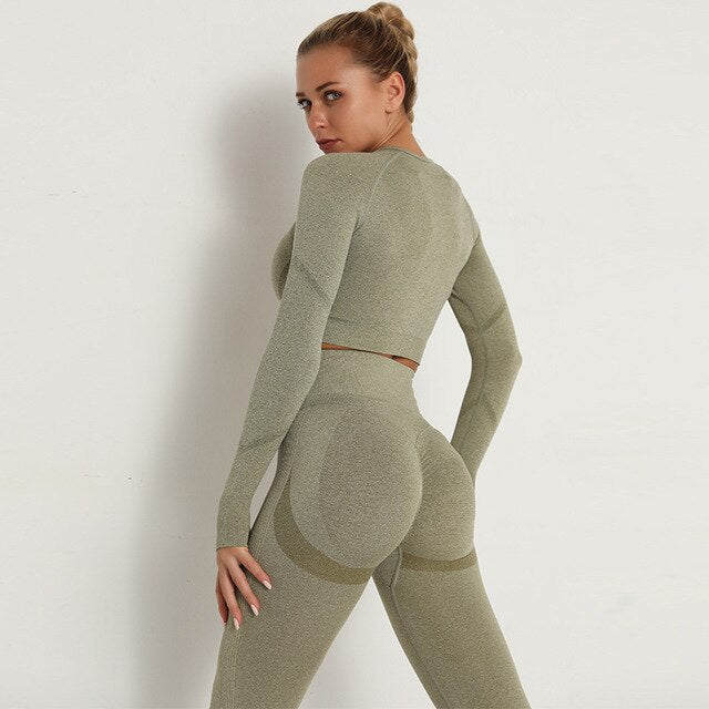 2 Piece Outfits Yoga Activewear Set Long Sleeve Crop Top High Waist Yoga Pants Sports Shirt Workout Leggings Suit Gym Clothing