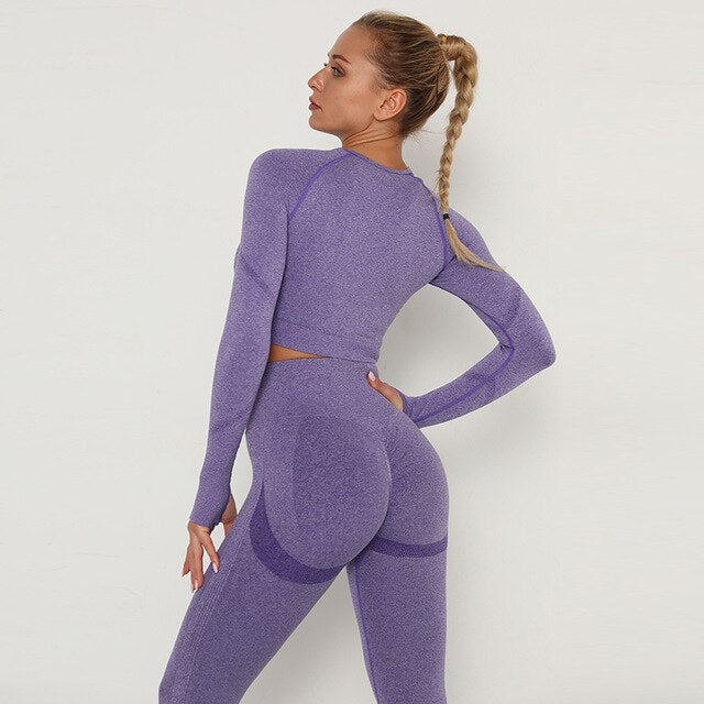 2 Piece Outfits Yoga Activewear Set Long Sleeve Crop Top High Waist Yoga Pants Sports Shirt Workout Leggings Suit Gym Clothing